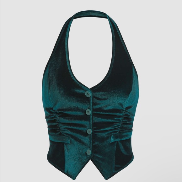 Cider button up emerald green velvet halter waistcoat top - Picture 2 of 5